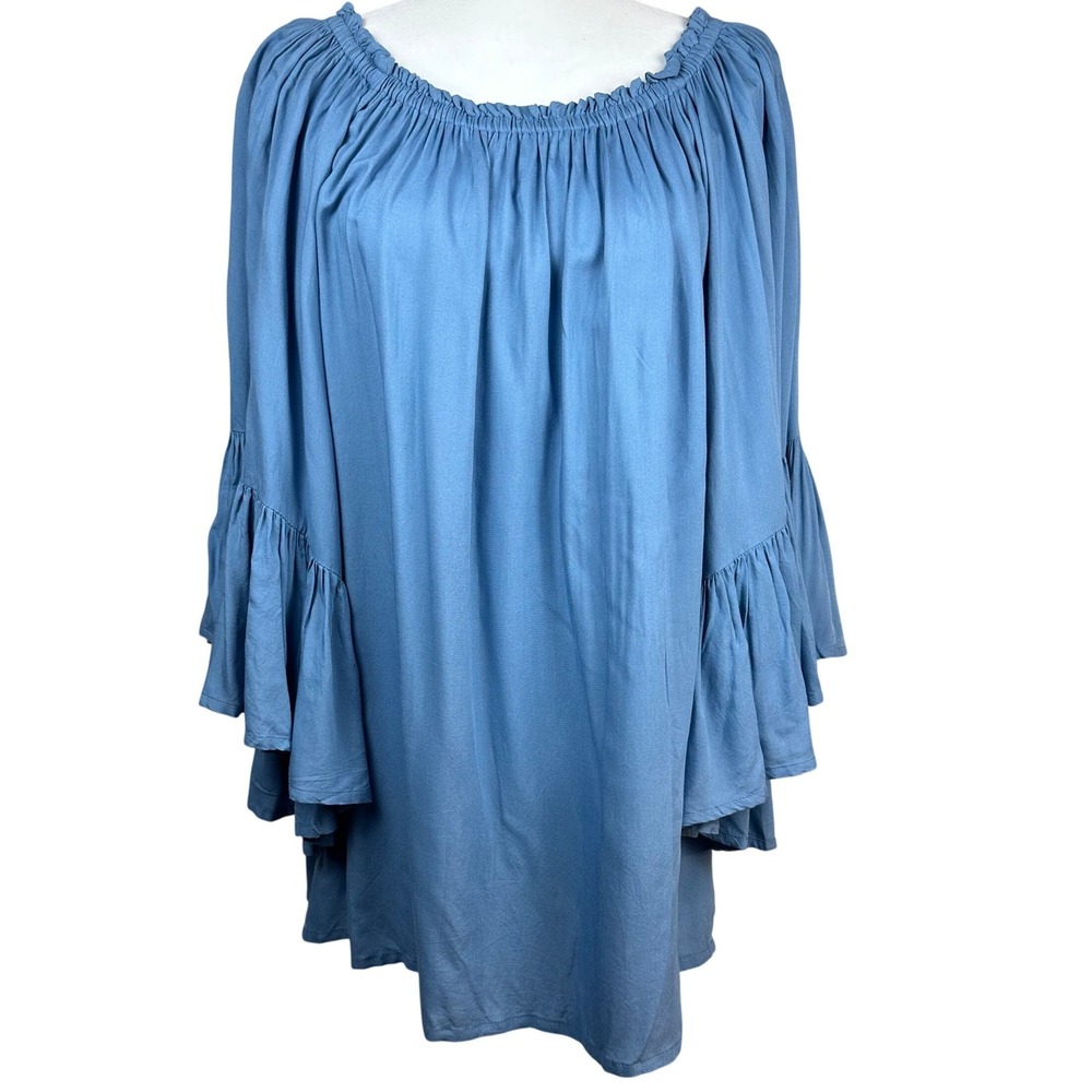 Elan‎ Beach Women Sky Blue Off Shoulder Flowy Ruffle Bell Sleeve Top/Mini Dress